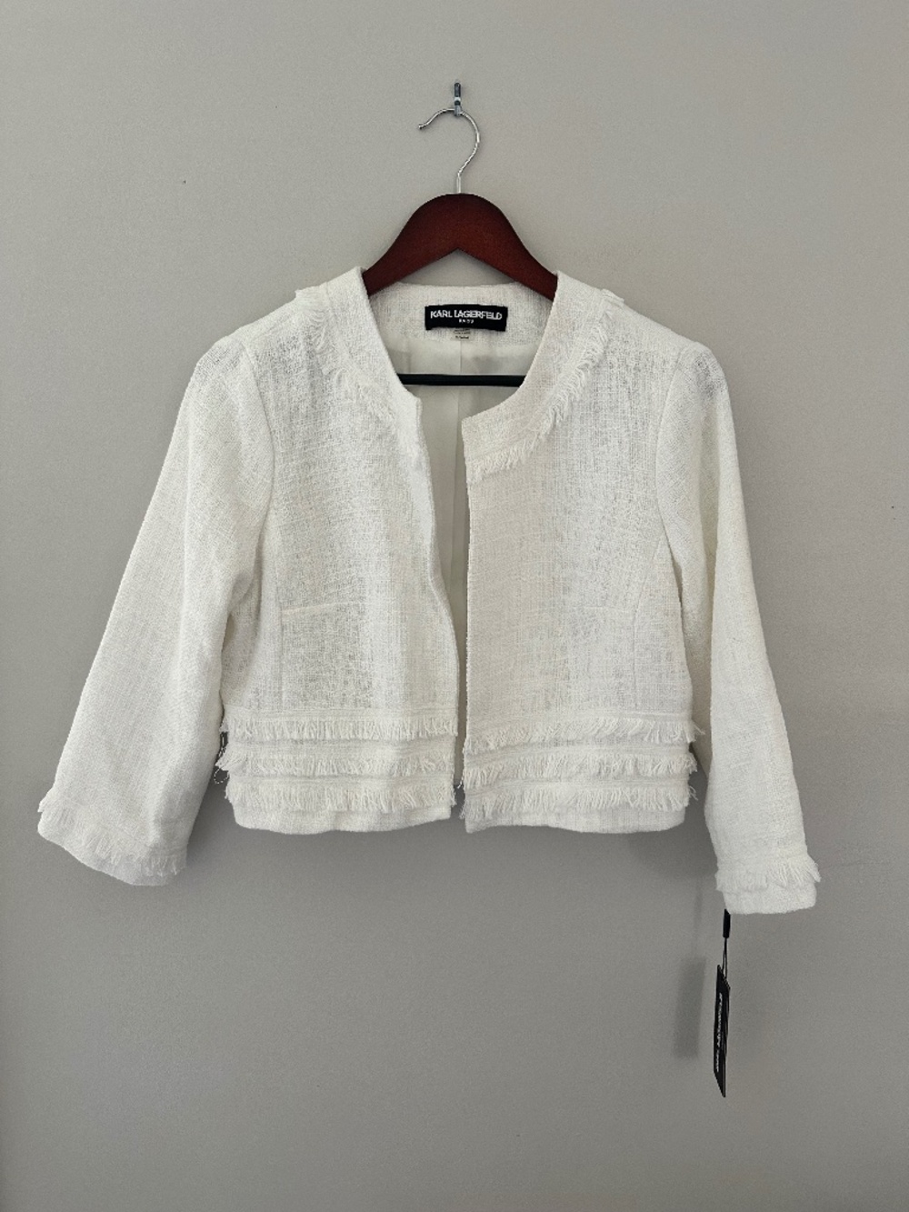 Karl Lagerfeld White Fringed Cropped Tweed Jacket